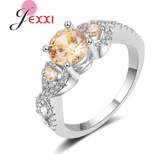 Simple Orange Round Crystal Party Rings For Women Accessory Bridal 925 Sterling Silver Wedding Ring Jewelry Bague Femme