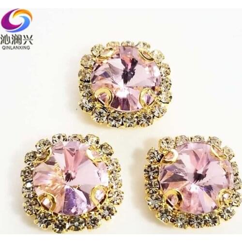 Pink Round shape top glass crystal rhinestones with hole,golden bottom sew on stone for Diy Clothing accessories SWWKG10