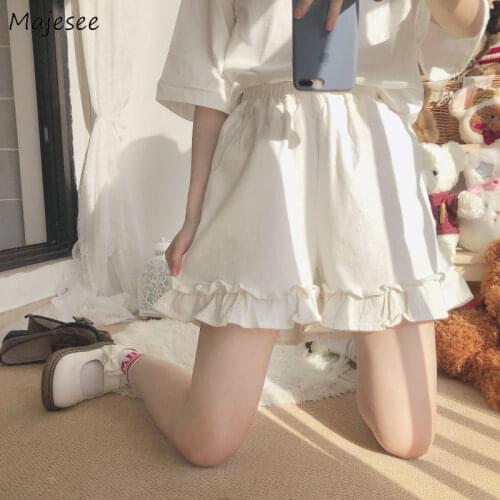 Shorts women wide-leg ruffles loose sweet japanese style elastic high waist casual chic preppy students girls cute all-match new