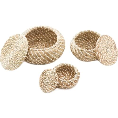 Handmade Straw Woven Storage Basket With Lid Snack Organizer Storage Box Laundry Baskets Rattan Storage Flower Basket