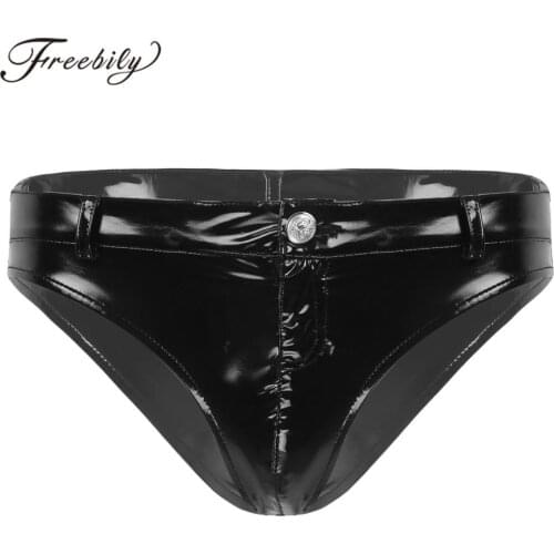 Men Sexy Patent Leather Zipper Open Crotch Briefs Underwear Man Male Low Rise Panties Triangle Briefs Gay Hommes Underpants