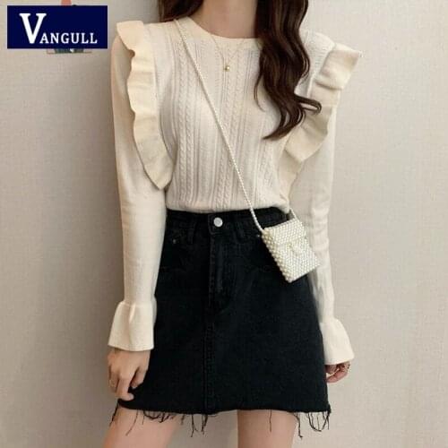 Vangull Women Ruffles Pullovers Sweater Autumn Winter O-Neck Knitted Loose All-match Retro Casual Flare-Sleeved Pullovers Tops