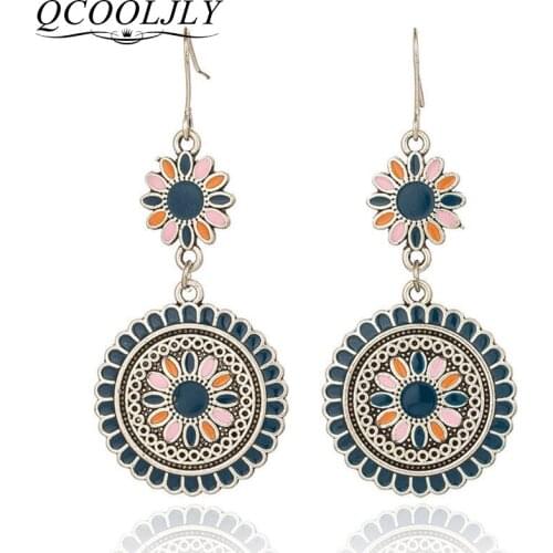 Vintage Ethnic Flower Oil Drop Dangle Hanging Earrings for Women Female 2019 Fashion Lovely Ear Ornaments Jewelry Accessories