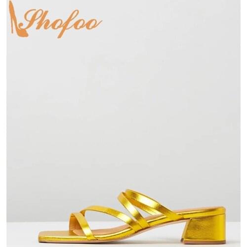 Gold Women Sandals High Chunky Heels Open Square Toe Narrow Band Slip On Large Size 14 16 Ladies Summer Fashion New Shoes Shofoo