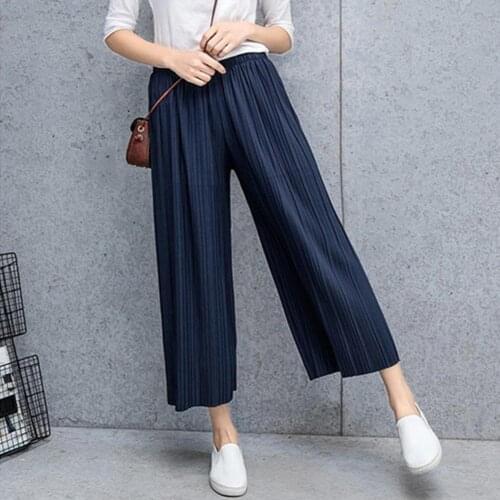 Women Solid Color Elastic Waistband Pleated Wide Leg Cropped Pants Trousers