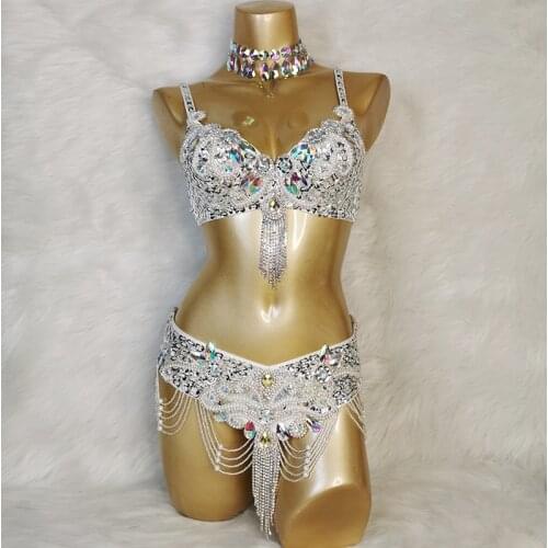 New Arrival Womens Beaded Belly Dance Costume Wear Bar+Belt 2pc Set Ladies Bellydancing Costumes Carnival Bellydance Clothes