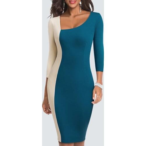 Women Elegant Contrast Color Block Asymmetric Neck Patchwork Business Fitted Sheath Bodycon Dress HB546