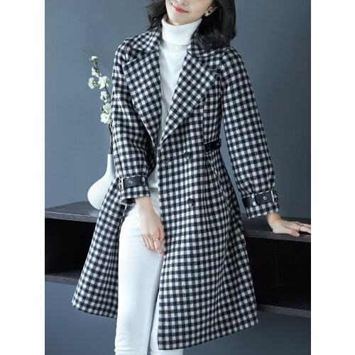 Double face woolen women fashion black white plaid mid-long overcoat buckle leather belt waist cuff spliced EU size S/M/L/XL