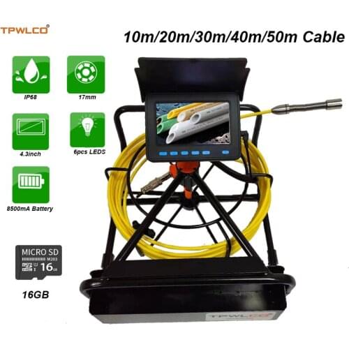 10-50m Cable Reel Diameter 17mm Pipeline Endoscope Camera 16GB SD Card With DVR Surveillance Video Inspection System 4.3" Screen