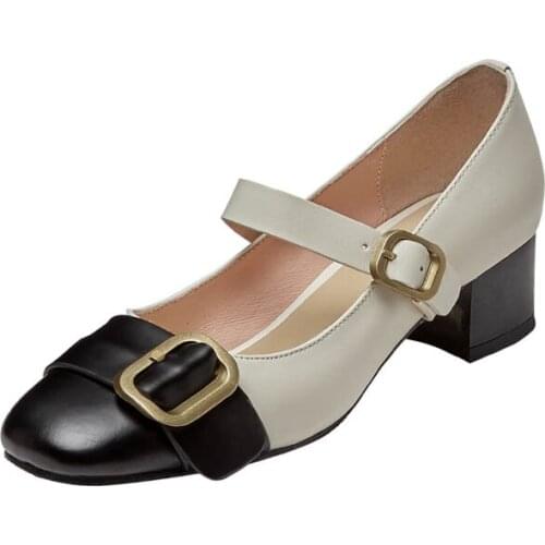 APHNUS Womens Shoes Mixed Colors Patch Cow Leather Buckle Mid High Heels Pumps Woman 2021 Shoes For Women New