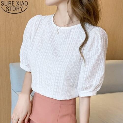 White Blouse New Elegant Fashion Chiffon Clothing Floral Embroidery Blouse Summer Short Sleeve Shirt Women Blusas Mujer 15217