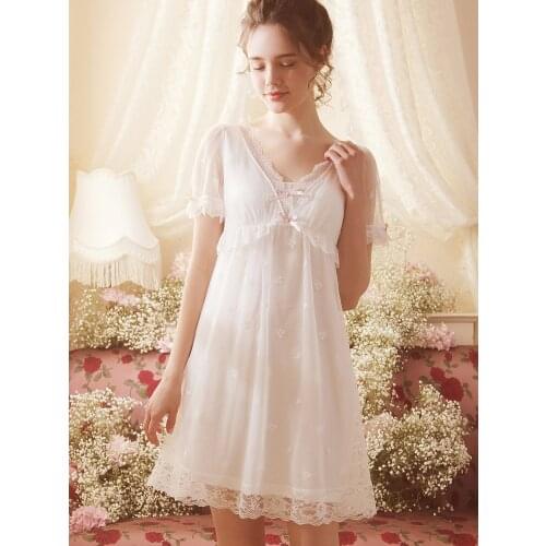 Free Shipping 2021 New Summer Womens Nightgown Modal and Cotton Nightshirt Short Pijamas Beauty White and Pink Lace Slip