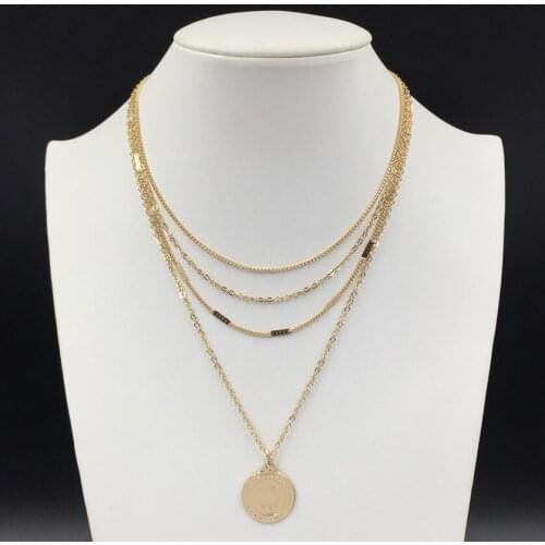Bohemian Gold Color Layered Necklace for Women Vintage Geometric Portrait Coin Pendant Long Necklace Choker Collares
