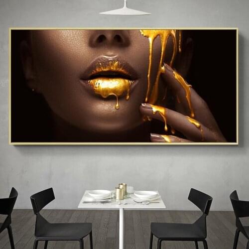 Large African Woman Face Golden Sexy Lips Canvas Painting Posters and Prints Wall Art Picture Cuadros Home Decoration Room Decor