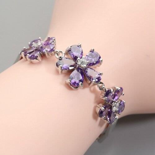 AiMolies No allergy Flower 5*7mm Purple Stone Fadeless Silver Bracelet BY0001