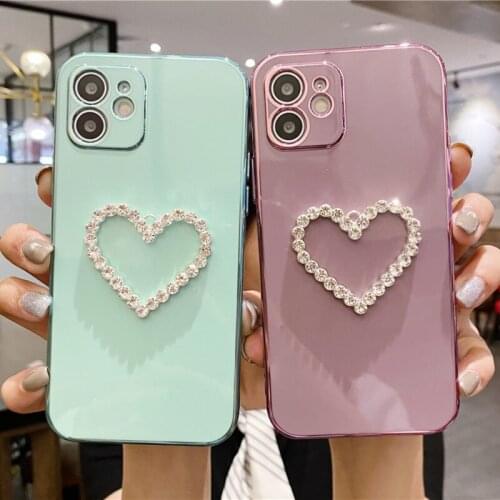 Luxury Plating Diamond Love Heart Phone Case for IPhone 12 11 Pro Max Mini X XS XR XSMAX 8 2020 SE Protective Cover Accessories