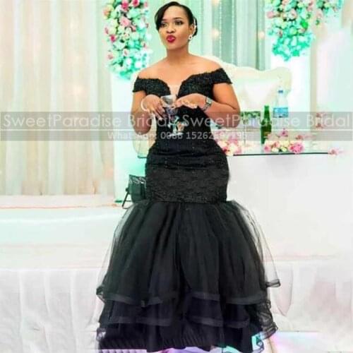 New Black Appliques Tired Mermaid Evening Dresses 2021 Lace Top and Tulle Skirt Women Off Shoulder Long Prom Dress Gown