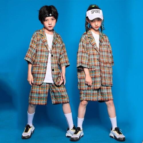 Childrens Jazz Hip Hop Dance Costume Plaid Hip Hop Suit Short Sleeve Shirts Catwalk Stage Performance Wear Rave Clothes BL6718