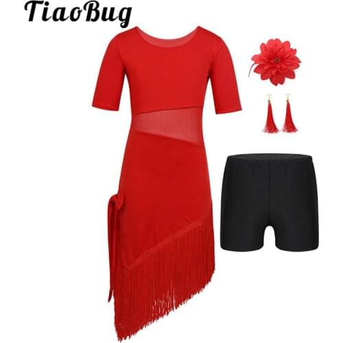 TiaoBug Kids Teens Tassels Latin Dance Dress with Shorts Earrings Headwear Set Girls Mesh Splice Ballroom Rumba Tango Dance Wear
