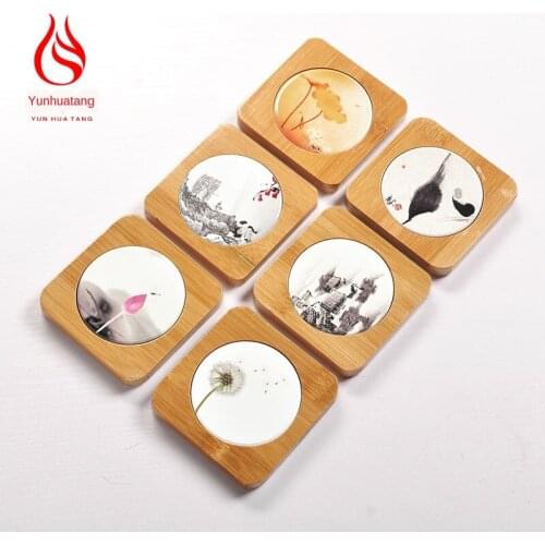 Hand-Painted Ceramic Cup Mats Tea Mat Square Natural Bamboo Coaster Tea Tray Custom Kung Fu Tea Set Tea Ceremony Pottery