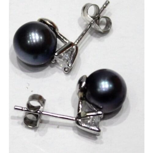 Round beautiful Fine jewelry black freshwater pearl-encrusted zircon earrings 8-8.5mm
