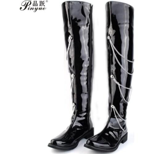 Fashion Forward Black Motorcycle Boots Men Patent Leather Over The Knee 66cm Pole Dancing Boot Men Chains Charm Zip 38-44