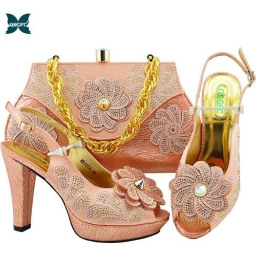 Newest Fashion Ladies Shoes And Bags To Match Peach Color African Shoes and Bag Set Italian design Wedding Summer Shoes And Bag