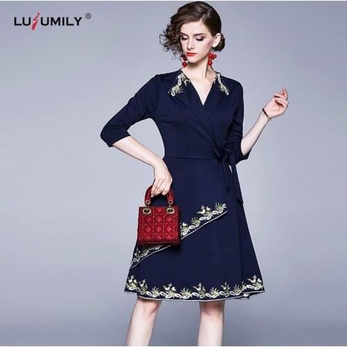 Lusumily New Party Dress Women Fashion Long Sleeve Spring Chic Embroidered Dresses Elegance Vintage Female V Neck Office Dress