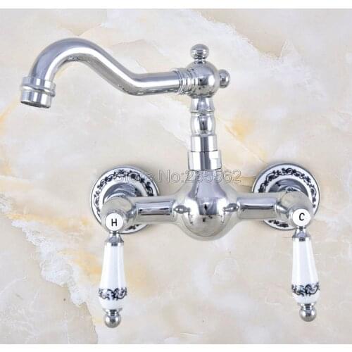 Polished Chrome Swivel Bathroom Kitchen Basin Sink Mixer Tap Faucet Dual Handles Wall Mounted Lnf568