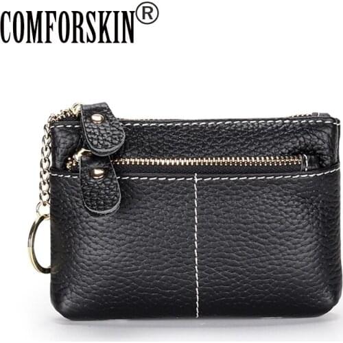 COMFORSKIN Luxury 100% Genuine Leather Unisex Coin Purse New Arrivals Mini Zipper Purse For Female Cowhide Girls Coin Pockets