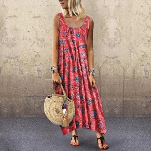 Vintage Women Dresses Sleeveless Round Neck Floral Printed Beach Party Loose Long Dress vestidos Womens Clothing 2021