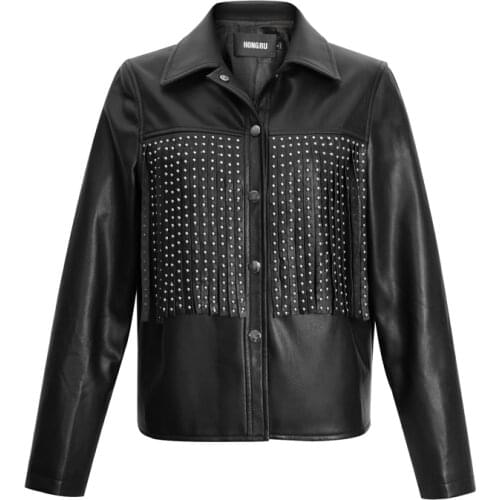 Fashion Womens Leather Jacket Was Thin Slim Tassel Beading Locomotive Pu Leather Jacket Female Punk Motorcyle Jackets F2358