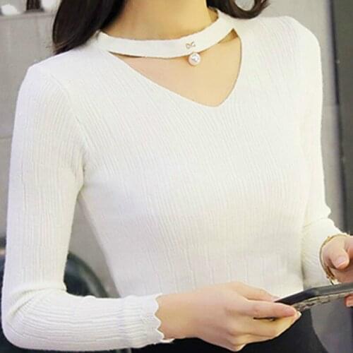 Mulheres Sueteres e Puloveres moda 2019 plana Malha Com Decote Em V Solida Senhora Do Escritorio Mulheres