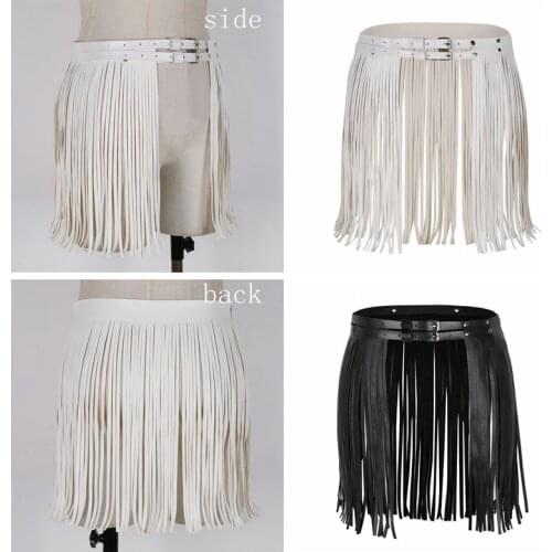 Womens Adult Sexy Moto Punk Fashion Tassel Skirts for Clubwear Sex Products Faux Leather Waistband Fringe Mini Skirt Belt