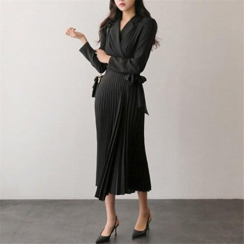 Ladies Chic Party Pleated Dresses Sungtin Elegant Womans Solid Color Maxi Dress Long Sleeve Office Black Notched Suit Collar