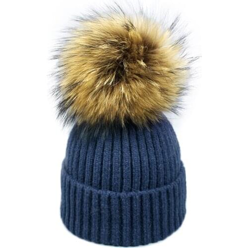 Winter Children Women Beanies Hats Real Fur Pompom Nature Raccoon Pom Pom Hat Cap Soft Warm Lady Crochet Knitted Skullies Caps