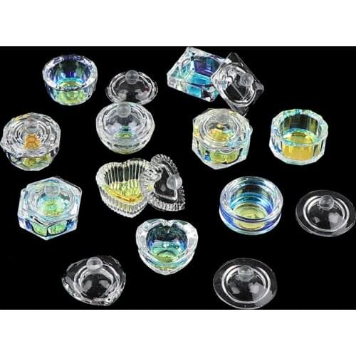 1pc Square Cup Acrylic Liquid Dish Rainbow Crystal Clear Crown Glass Cup With Lid Bowl For Acrylic Powder Nail Art Tool