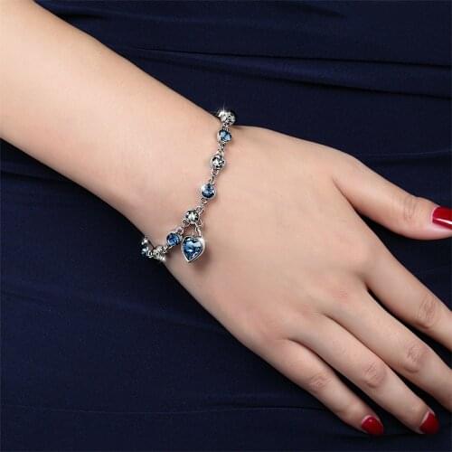 1 Pc Rhinestone Classic Ocean Heart Blue Crystal Bracelet for Women Alloy Fashion Jewelry Female Elegant Wrist Chain Bracelet