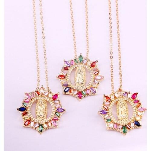 10PCS, 29MM, Gold Color Rainbow Cubic Zirconia Vingin of Jesus Pendant Charm Micro pave necklace Rainbow Colorful CZ Jewelry