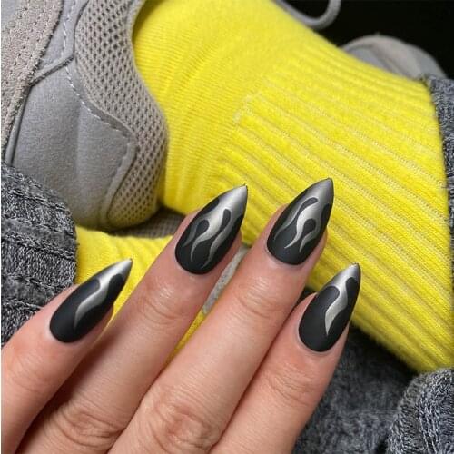24pcs Flame Fake Nails Patch Matte Frosted Fire Pattern Artificial Designed Tip Head Wearable Fake Nails Girl Hand Decor TN