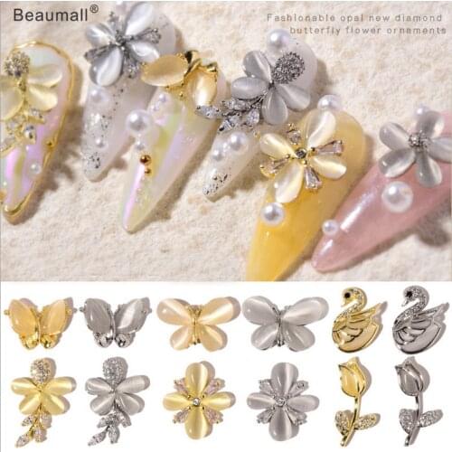 3PCS, 3d Nail Art Flowers Butterflys Shapes With Zircon Cat Eyes Crystal Rhinestones For Nail Tips Decorations