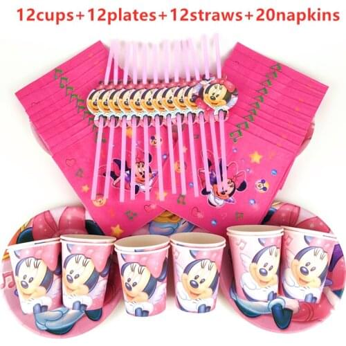 56Pcs Red Minnie Mouse Disney Theme Disposable Tableware Kids Birthday Party Decoration Paper Plate+Cup+Napkin+Straws Supplies