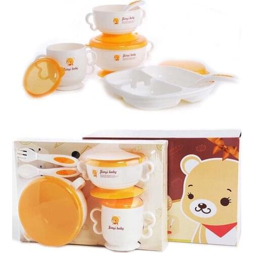 6pcs/sets Rabbit Sucker Feeding Dish Baby Sucker Bowl with Spoon Fork Baby Food Tableware Kids Training Dishes Food Container