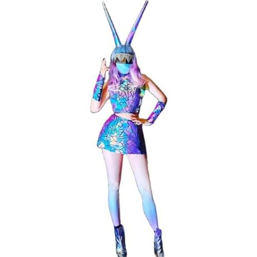 Antenna Headwear Top Skirt 5 Piece Set Mirror Clothing Cosplay Women Warrior Party Halloween Costume Nightclub DJ Stage Outfit