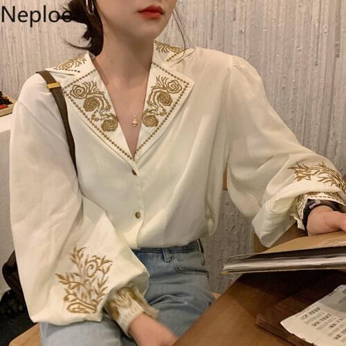 Neploe Women Blouses Loose Temperament Lantern Sleeve Shirt Tops Korean Vintage Blouse Heavy Embroidery Blusas Mujer 4h515