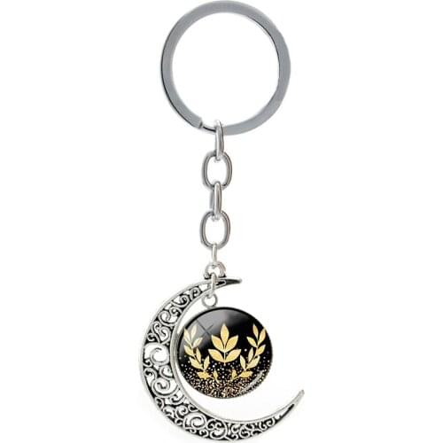 Gold Color Tree Leaf 20mm Glass Dome Keyholders Plants Leaves Photos Key Chain Moon Charm Trendy Women Jewelry For Handbag