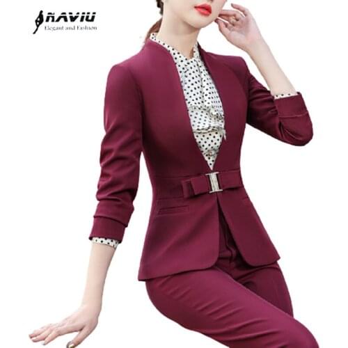 Naviu Elegant Butterfly Button Fashion Women Pants Suit Formal Long Sleeve Blazer And Trousers Two Pieces Set