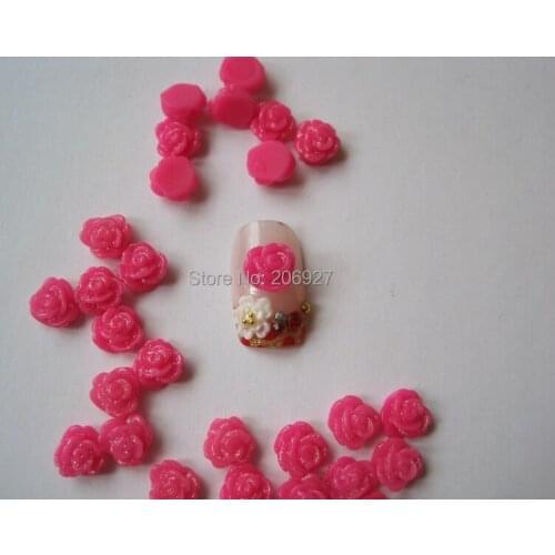 RF14-5 30pcs Cute Small Hot Pink Glitter Rose Flower Shape Nail Resin Decoration Outlooking