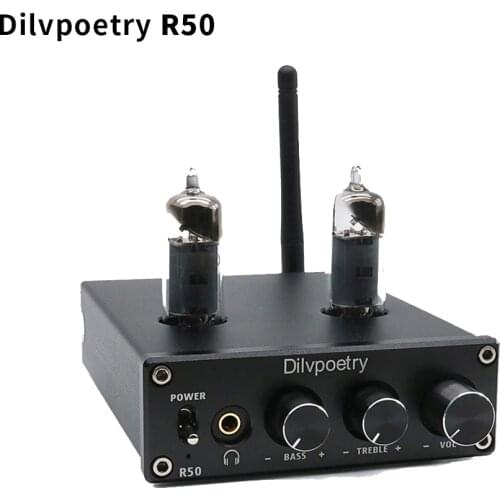 Dilvpoetry R50 TPA3116D2 HiFi Mini HiFi Power Amplifier Stereo Headphone Amp Bluetooth 4.2 Receiver 50W*2 Vacuum 6J4 Hybrid Tube