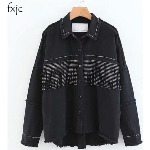 Womens Black Long Sleeve Lapel Slim Fringe Decorative Jacket 2019 Autumn New Hot Drilling Raw Edge Casual Street Coat Female